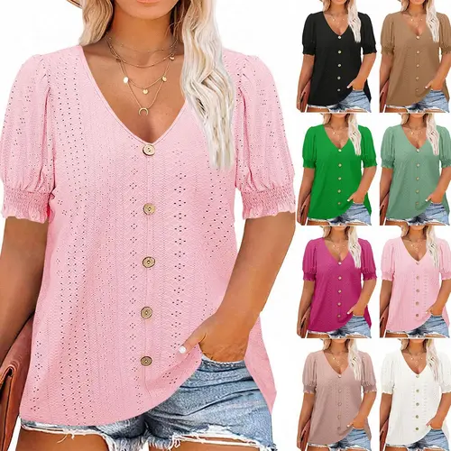【XL-5XL】Plus Size Curve Imily Bela Curve Womens Plus Size Tunic Tops V Neck Short Puff Sleeve Tops Casual Summer Eyelet Blouses