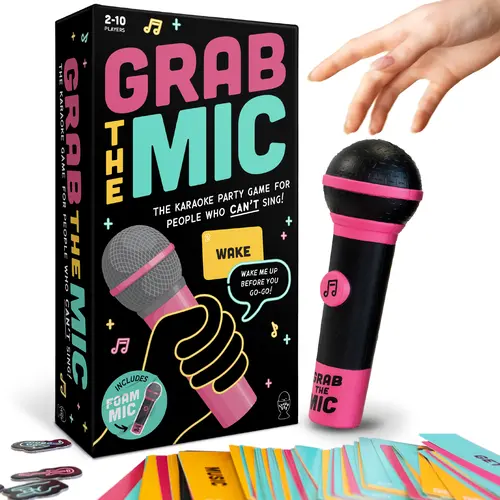 Grab The Mic Karaoke-Style Game with Foam Microphone 125 Word Cards Game Board Player Tokens & Easy Instructions for Non-Singers