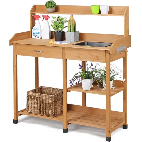 Yaheetech Stable Solid Fir Rustic Freestanding Outdoor Potting Bench Furniture - Multi-Level Gardening Workstation with Sink, Drawer, Rack, 2-Layer Shelves, Stand, Side Hooks & Thoughtful Details, Horticulture Storage Organizer, Wood