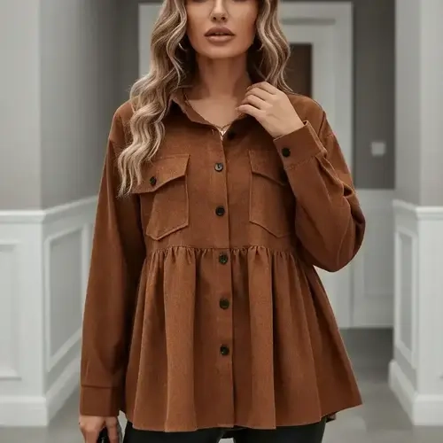 【Plus Size】Flap Pocket Ruffle Hem Button Front Shirt Blouses, Womenswear Casual Long Sleeve Collared Fit Peplum Top for Fall & Winter, Women's Clothes for Daily Wear, Fitted, Feminine, Button Up Top