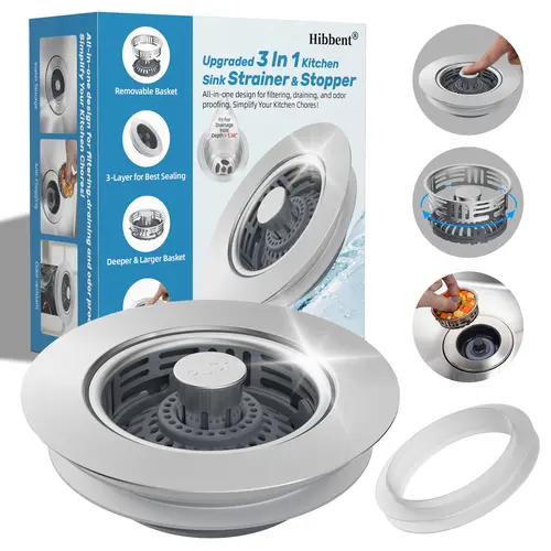 Hibbent Upgraded 3 in 1 Kitchen Sink Drain Strainer, Stainless Steel Pop Up Sink Stopper, Larger Anti-Clogging Basket, 3-Layer Seal, Detachable Drain Plug for US Standard 3-1/2" Drain, Brushed Nickel, Odor Proofing, Removable Basket