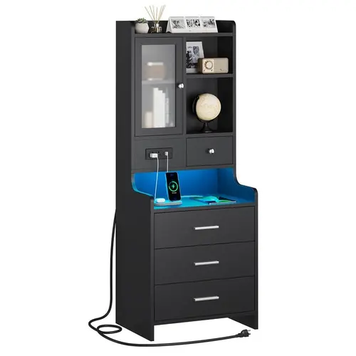 Sikaic Tall Nightstand with Charging Station, Black Bedside Table with Drawers & Glass Door, LED Night Stand with Bookshelf, End Side Table with Storage, Home Furniture Christmas Gifts [SohoChic]