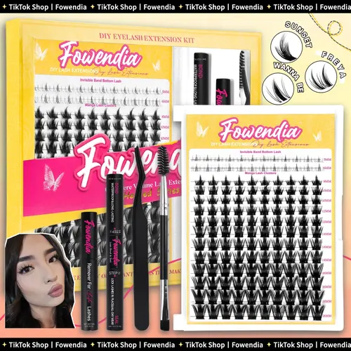 Fowendia California Sunset Wanna Be Freya Manga Lashes Cluster C D Curl DIY Lash Extension Kit and Lash Clusters 8-18mm with Bond Seal and Remover - Ultra-Thin Transparent Bands, Lash Magic Anime False Lash Extension Kit dealsforyoudays