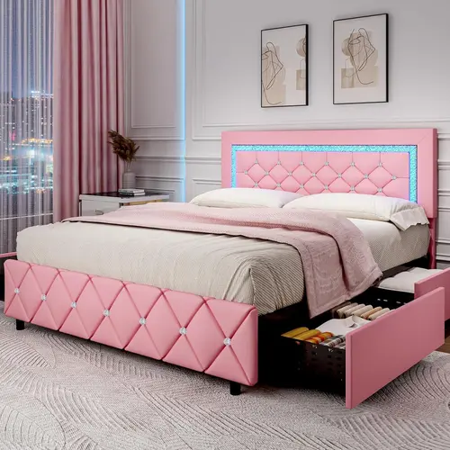 HOMBCK Bed Frame with Lights and Drawers,  No Mattress,  Diamond Headboard, Faux Leather, Modern Style, No Box Spring Needed, Easy Assembly, Bed Frames, Queen Size Bed Frame#SohoChic#Homemakeover