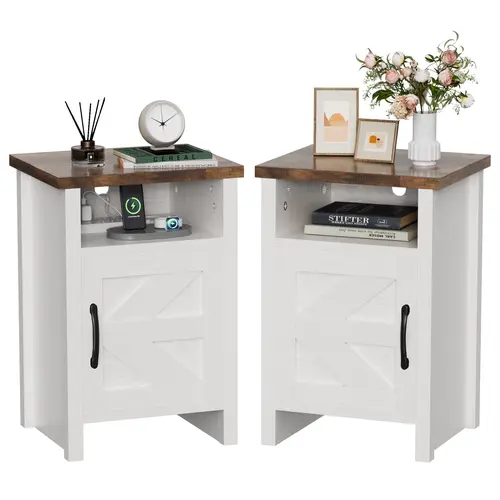 Furmax Farmhouse Nightstand Set of 2, MDF & Pine Wood Bedside Tables with Open Storage Shelf, Sturdy Rustic End Tables for Bedroom, Living Room, Small Side Tables for Home