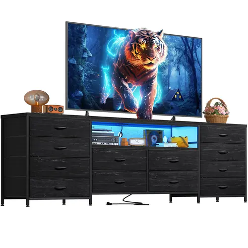 Raybee Furniture TV Stand for 65 70 75 Inch TV 63"W Dresser for Bedroom with LED Lights & Power Outlets  Long Fabric Dresser Entertainment Center