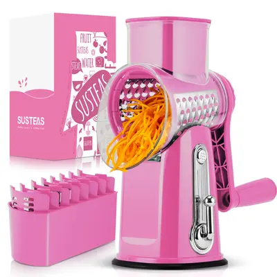 SUSTEAS Rotary Cheese Grater Hand Crank Food Chopper with Handle, 5 Well-Designed Blades, Strong Suction Cup Base, Blade Storage Box, Removable Parts for Simple Cleanup, No Power Home Cooking Tool for Wavy Cuts,sohochic