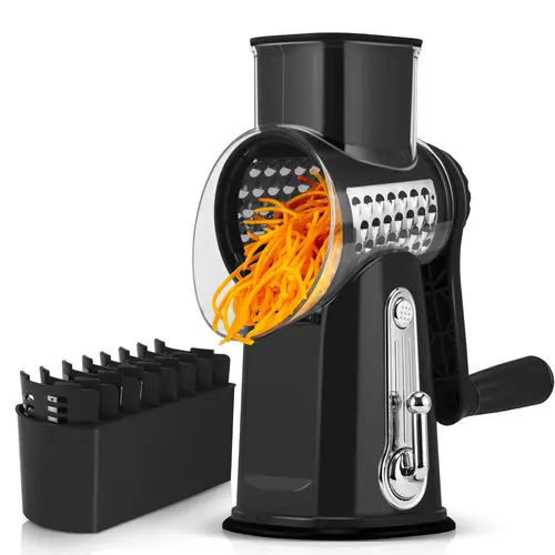 SUSTEAS Rotary Cheese Grater - Smooth Round Kitchen Utensil, Fingers-Safe Crank Handle Fast Shredder, 5 Stainless Steel Blades, Strong Suction Cup Base, Blade Storage Box, 12x Speed, Compact for Small Kitchens, Home Cooking & Vegetable/Chocolate Slicing,,