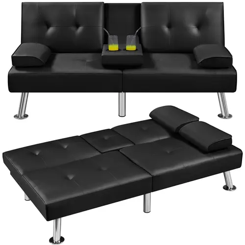 【Larger Sleeping Area】Yaheetech Faux Leather Modern Convertible Futon Sofas& Sofa Bed with 2 Throw Pillows & Drop-down Cup Holders, 3-In-1 Adjustable Futon Couch