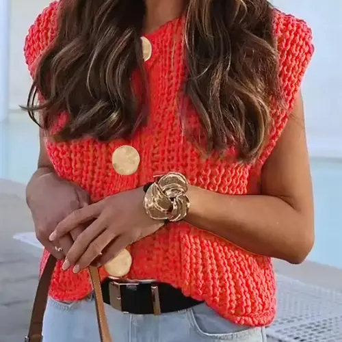 Women's Plain Button Front Pocket Sweater Vest, Casual Sleeveless Round Neck Knitwear for Spring, Fashion Women's Knit Clothing for Daily Wear, Tops