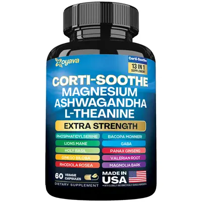 Zoyava Corti-Soothe Supplement, All-in-One Cortisol Supplement with Magnesium, Ashwagandha, L-Theanine & 10+ Extra Strength Ingredients, 60 Capsules, MADE IN USA