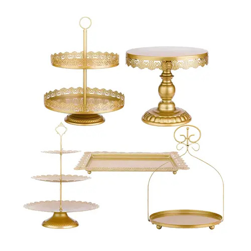 ZUMELER Champagne Gold 5Pcs Metal Cake Stands Set - Round Cupcake Holder with Handle, Hollow Serving Tower Tray with Champagne Gold Tiers for Wedding, Baby Shower Home & Party Supplies
