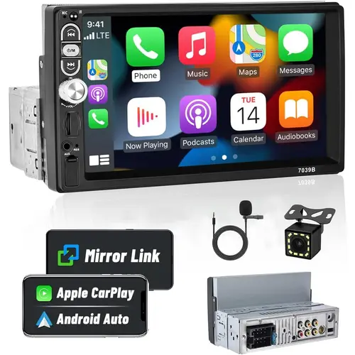 Single Din 7 Inch Car Stereo with Carplay Android Auto Bluetooth 5.1 Touchscreen Car Audio Receiver with Mirror Link FM Radio SWC USB AUX TF Card and 12LED HD Backup Camera,SummerVibes,toolupgrade