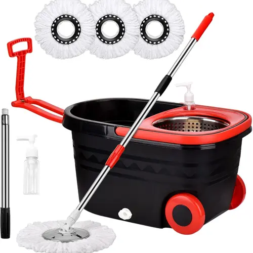 360 Easywring Microfiber Mop and Bucket Set (with Pail, Drain Plug), 3 Refills, 60in Adjustable Handle, Black Cleaning Supplies for Kitchen, Lightweight Tool with Corner Access