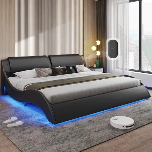 Sikaic King Size Platform Bed Frame with Headboard & Charging Ports, Modern Low Profile Wave Design Bed Frame with LED Lights, Upholstered Wood Slat Support Bed Frame, Black, Home Furniture Christmas Gifts [SohoChic]