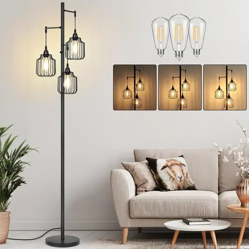 Dimmable Elevated Metal Floor Lamp with 3x800LM LED Edison Bulbs, Cage Base & Shade, Industrial Rustic Vintage Tree Pole Light for Living Room, Floor Lamp Decor, LED Lighting Solutions, Mood Lighting,sohochic
