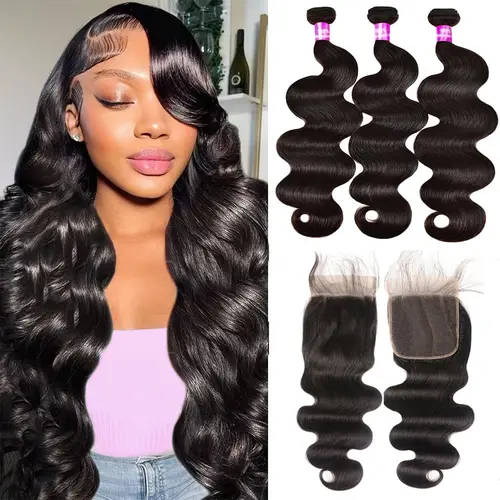 Tinashe Bundles of Human Hair with 5x5 HD Lace Closure, Double Drawn, Double Machine Weft, Straight, Body Wave, Deep Wave