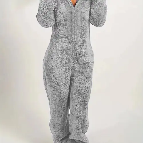 Women's Solid Zipper Hooded Plush Pajama Jumpsuit, Casual Long Sleeve Teddy Bear Ear Design Jumpsuit for Fall & Winter, Women's Sleepwear for Indoor Wear, Fluffy Lady Pajamas, Loungewear, Homewear, Cozy Wear, Pjs, Pajama Onesies