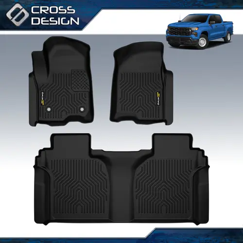 CROSSDESIGN Waterproof TPE Car Floor Mats - 3-Pieces Black Car Interior Kit, Protection for 2007-2025 Chevrolet Silverado/GMC Sierra Crew Cab 1500 2500 3500 Chevy Truck Accessories,toolupgrade