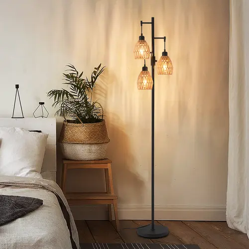 VALLERICO 70" Tall Boho Rattan Lampshade Corded Floor Lamp - 3x9W 900LM LEDs, Adjustable Brightness, Pedal Switch, Ambient Glow, Modern Indoor Light, Aesthetic Home Decor, CFI, Holidays, Bedroom & Living Room Use,SohoChic