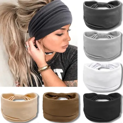 AISI HAIR Women's Chic Knotted Synthetic Turban Headwraps, 6-Pack Solid Color African Style Wide Elastic Non-Slip Accessories for Daily Use & Exercise, Cute Headbands, Elastic Fashion Headbands for Anniversary, Business, Memorial Day