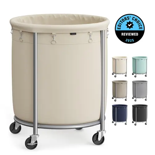 SONGMICS Home Organizer Rolling Laundry Bin with Brake-lock Wheels, Steel Frame, Removable Recyclable Bag, Round Storage Cart for Home Supplies