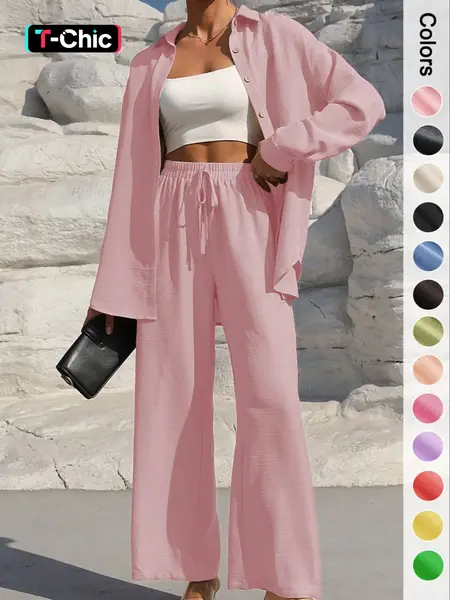 Women's Solid Button Front Shirt & Tie Front Wide Leg Pants Two-piece Set, Casual Drop Shoulder Long Sleeve Top & Trousers 2 Piece Set for Spring & Fall, Women's Clothes for Daily Wear, Loose Pant Sets, Casual Outfits Women