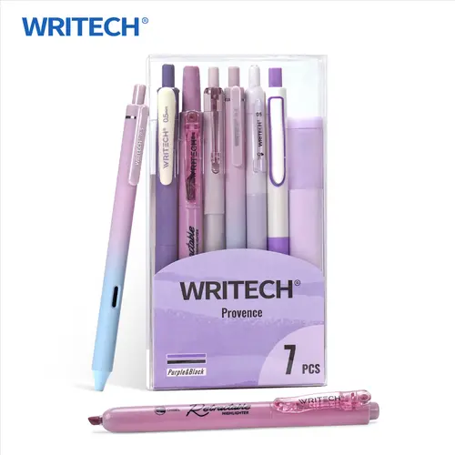 WRITECH Purple Gel Pens Journaling Highlighters Set Aesthetic Assorted Pastel Color Ink 0.5mm Fine Point Retractable 0.7mm Black Pen 7ct Multifunctional Stationery