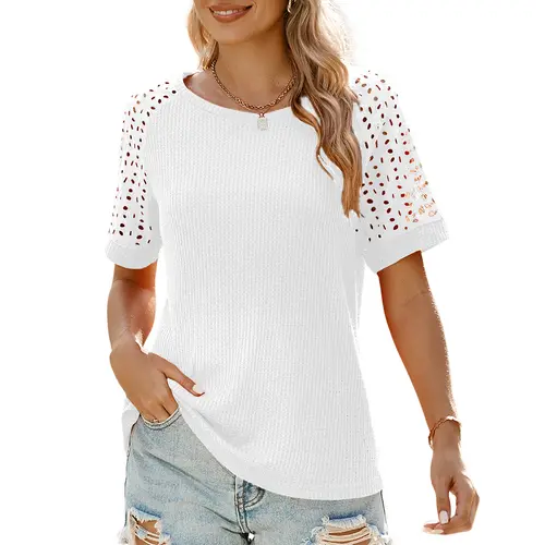Shewin Summer Outfit Women's Knitwear Short-Sleeve T-Shirt - Round Neck, Breathable Lightweight Hollow-Out Knit Fabric, Plus Size, Casual Style, Flattering Silhouette,back to school,back to school shopping,sohochic