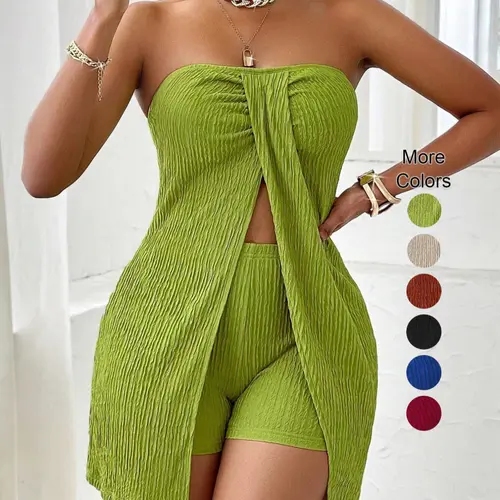 Women's Textured Stretchy Fabric Twist Front Split Top and Shorts Set Outfit, Spaghetti Strap Sleeveless Two-Piece, Slim-Fit Casual Chic Fashion Wear, Clothes