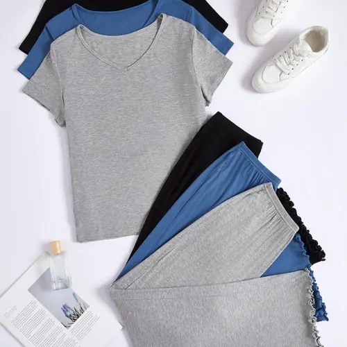 Women's Solid Ribbed Pyjama Set, Casual Comfy Short Sleeve V Neck Tee & Elastic Waist Lettuce Trim Shorts PJ Set, Ladies Sleepwear for All Seasons Loungewear