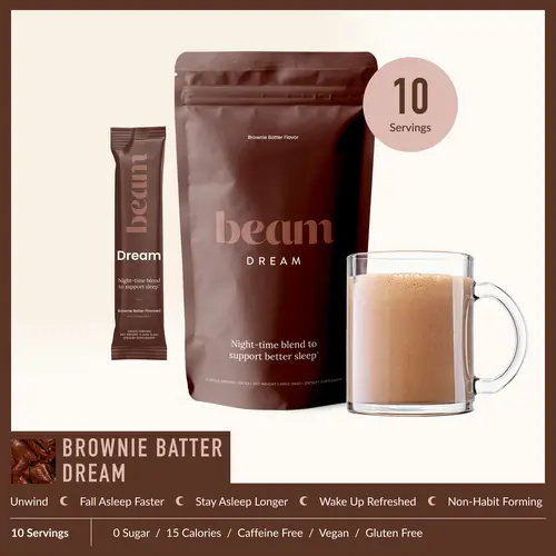 Beam Organics Dream Nighttime Hot Cocoa Powder - 10 Servings Organic Dairy-Free Self-Care Supplement, Melatonin Sleep Aid with L-Theanine, Magnesium, No Added Sugar (Cinnamon Cocoa, Brownie Batter, Sea Salt Caramel), Dairy Free Supplement, Chocolate, Low,