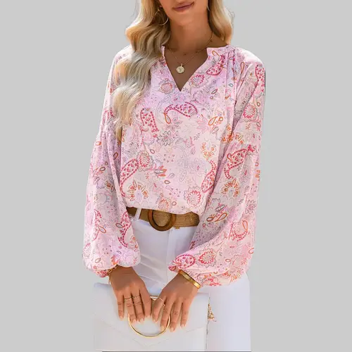 Shewin Women's Bohemian Floral Print Blouse - Elegant V-Neck Ruffled Bell Long Sleeve Top, Lightweight Drop Shoulder Breathable Shirt, Sexy Flower Patches Casual Elegant Top for Office OOTD Going Out, Chiffon Fabric,sohochic