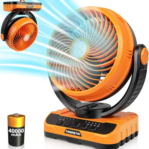 Cordless Rechargeable Portable Cooling Camping Fan with LED Light, Remote Control, Auto Oscillation, Timer, Hanging Hook - Adjustable USB Solar-Powered Fan for Camping, Power Outages, Cordless Fan