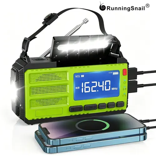 Running Snail Emergency NOAA Weather Radio, 10000mAh Solar Hand Crank Powered, AM/FM, LCD Display, Flashlight, Reading Lamp, Compass, USB Phone Charging, Portable Survival Gear For Hurricane Prep Outdoor Emergency