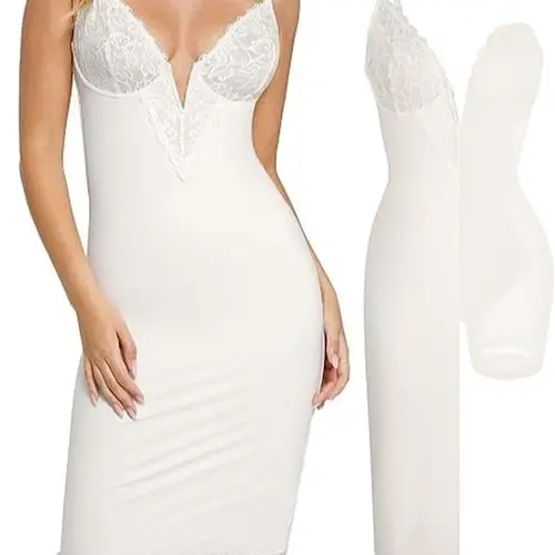 Popilush Lace Bodycon Dress Deep V-Neck Spaghetti Strap Shapewear Women Tummy Control Cocktail Party Elegant Floral