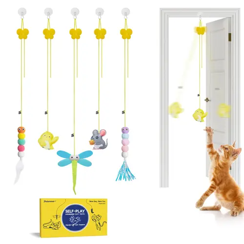 Potaroma Interactive Cat Toys 5 Pcs, Cat Teaser Retractable, Hanging Cat Feather Toys for Bored Indoor Adult Cats, Mental Physical Stimulation for All Breeds and Species