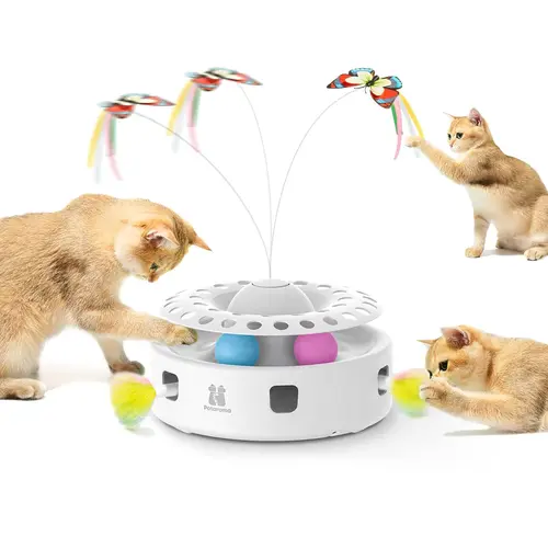 Potaroma Electronic 3-in-1 Automatic Cat Toy - Interactive Indoor Exercise Kicker for Kittens, Flying Butterfly, Fluffy Feathers Ambush, Track Balls, Dual Power Supplies (USB, 5V Phone Adapter), Butterfly Pounce Function