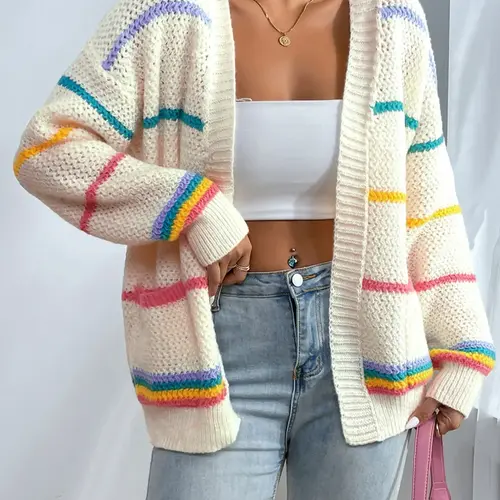 Women's Striped Open-Front Loose, Casual Drop-Shoulder Long-Sleeve Pocket Knitwear Fit for Fall and Winter Daily Wear Cardigan Sweaters