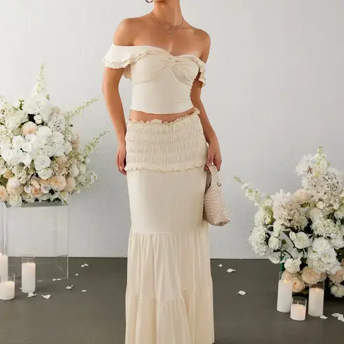 Two-Piece Set Women's Off Shoulder Twist Front Crop Top & Ruffle Hem Shirred Skirt Two-piece Set, Elegant Chic Fashion Elegance Layered Sleeve Cropped Top & Frill Trim Skirt for Daily Outdoor Wear, Ladies Outfits for Summer Feminine Womenswear Clothes