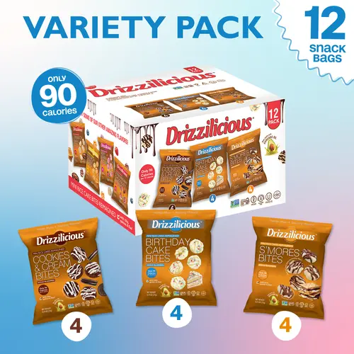 12 Pack - Drizzilicious Mini Rice Cakes Variety Pack [Cookies & Cream, Birthday Cake, S'mores] 0.74 oz Snack Packs Dessert