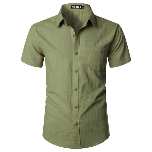 ZEROYAA Men's Fitted Cotton Linen Casual Short Sleeve Button Up Shirts Lightweight Beach Tops with Pocket Thin Plain Menswear Shortsleeve,back to school,back to school shopping,clothes for back to school,first day of school outfits,sohochic