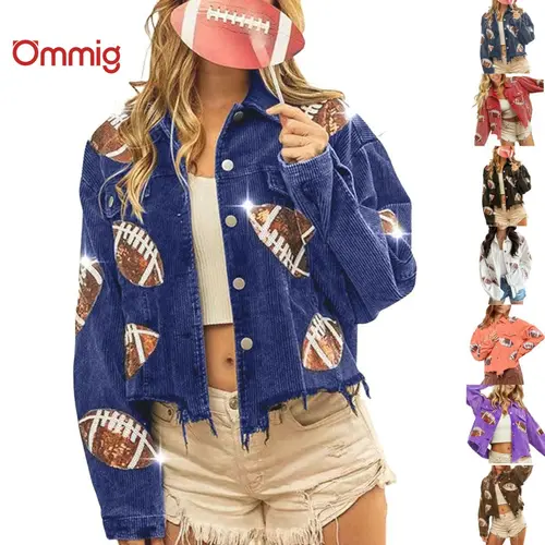 Ommig Womens Game Day Corduroy Sequin Football Cropped Jacket Rugby Oversized Lapel Button Down Shirt Shacket Coat,sohochic