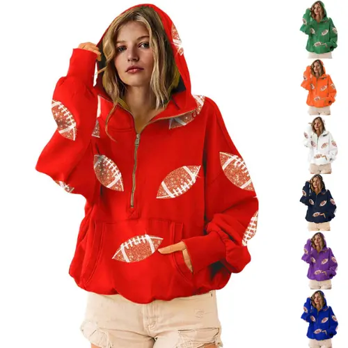 Ommig Women's Oversized Game Day Hoodie Casual Long‑Sleeve Half‑Zip Pullover with Sequin Football Print Kangaroo Pocket,sohochic