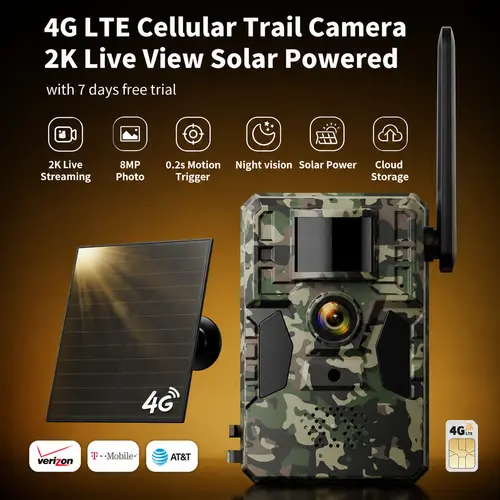 Solar Powered 4G Cellular Trail Camera for Hunters, 2-Megapixel Outdoor Photo Camera with App, 0.2s Fast Trigger, 82ft Night Vision, No WiFi, IP66 Waterproof, 2-Way Talk, 365 Days Standby, Built-In Cellular Card (4G Data Plan Needs Activation)