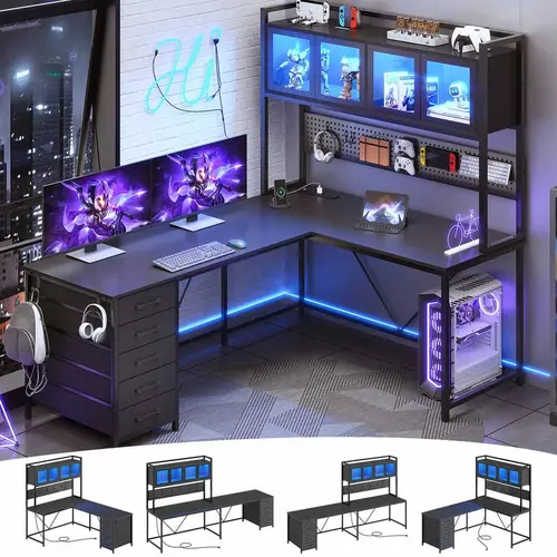 SIKAIC 62-Inch LED Reversible L-Shaped Gaming Computer Desk Table - 18.5"d x 61.8"w x 65"h, Metal Frame, Charging Station, Power Outlets, Storage Drawers, Headphone Hook, Handle-Free, RGB Lighting, Aesthetic Appeal for Bedroom, Man Cave
