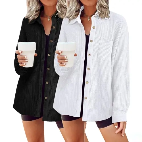 Women's Casual Waffle Knit Top, Basic Button Down Long Sleeve Shacket, Loose Fit V-Neck Knitwear with Pocket, OOTD Ideas, Longsleeves, Blouse, Office Ootd, Dress Casual
