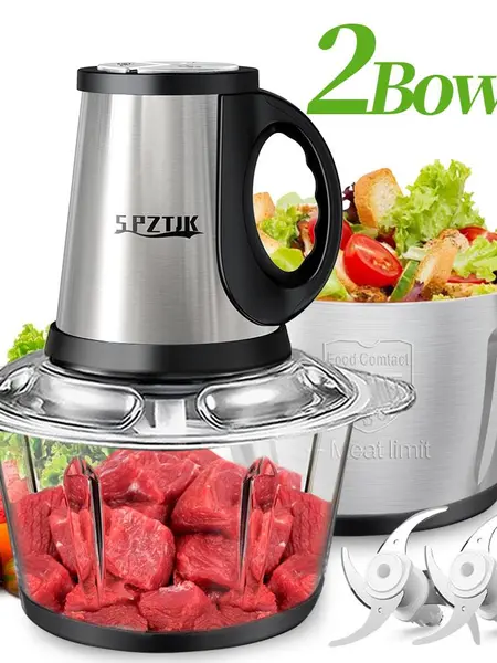 SPZTJK  Top Kitchen US Registered Kitchen Brand Electric Meat Grinder, Dual Stainless Steel Bowls & Double Sharp Blades Multifunctional Food Chopper Blender Vegetable Cutter Household Kitchen Appliance