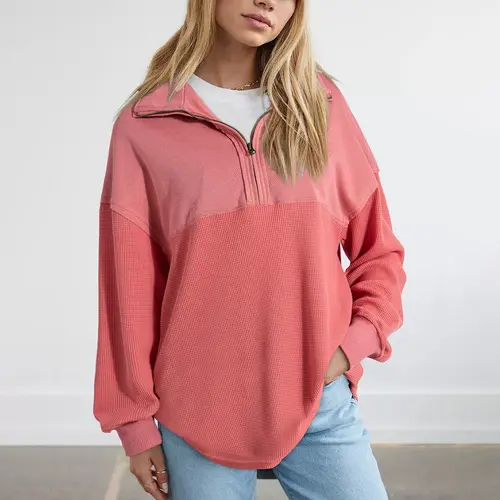 Shewin Women's Half-Zip Waffle Knit Tops - Oversized Long Sleeve Cotton Casual Pullovers  DealsForYouDays,summerwins,summeroutfits,vacationoutfits,beachoutfits Knitwear Womenswear,back to school,back to school shopping Polyester Soft