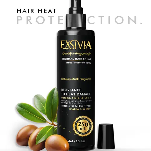 EXSIVIA Heat Protectant Styling Spray with Castor Oil for Frizz Control, Voluminous & Glossy Hair, Musk Fragrance, Thermal Protection, 250mL, Hair Care, Voluminous Hair